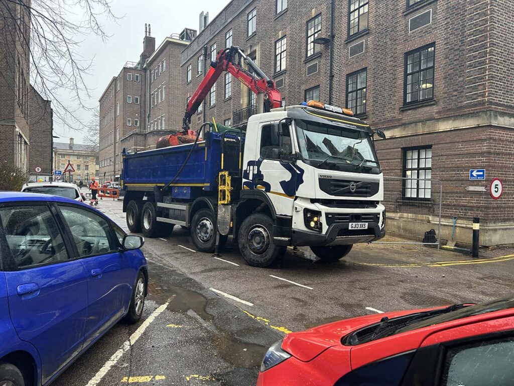 Grab lorry in Downing College Cambridge